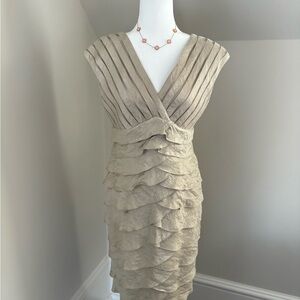 Adrianna Papell Champagne Tiered Ruffle V-Neck Midi Dress